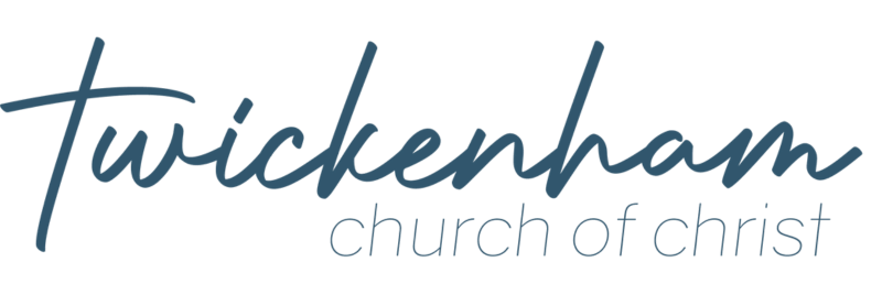 Logo for Twickenham Church of Christ with handwritten-style text and a tagline.