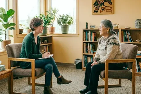 A woman is sitting on the left, holding a notepad and pen, interviewing an elderly woman seated on the right in a cozy room with bookshelves, potted plants, and artwork on the wall.