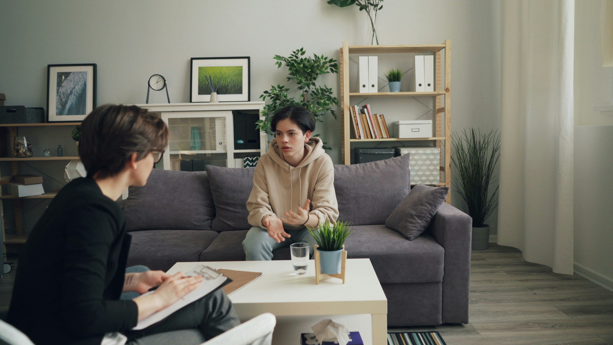 Two people having a conversation in a modern living room with plants and framed artwork.