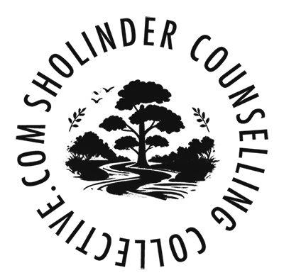A black and white logo with a circular design and text around the edges.