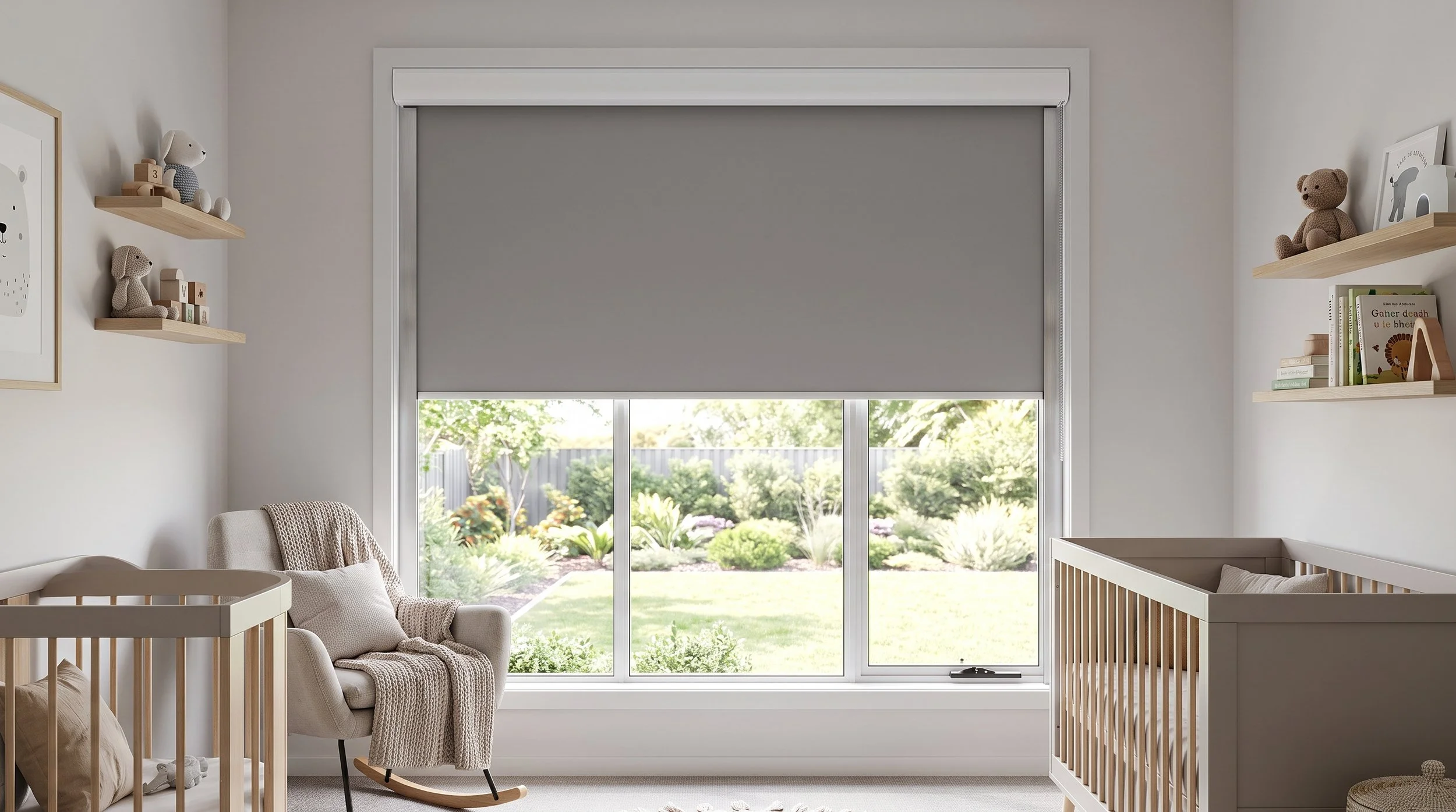 Blockout roller blind part-lowered on a nursery window