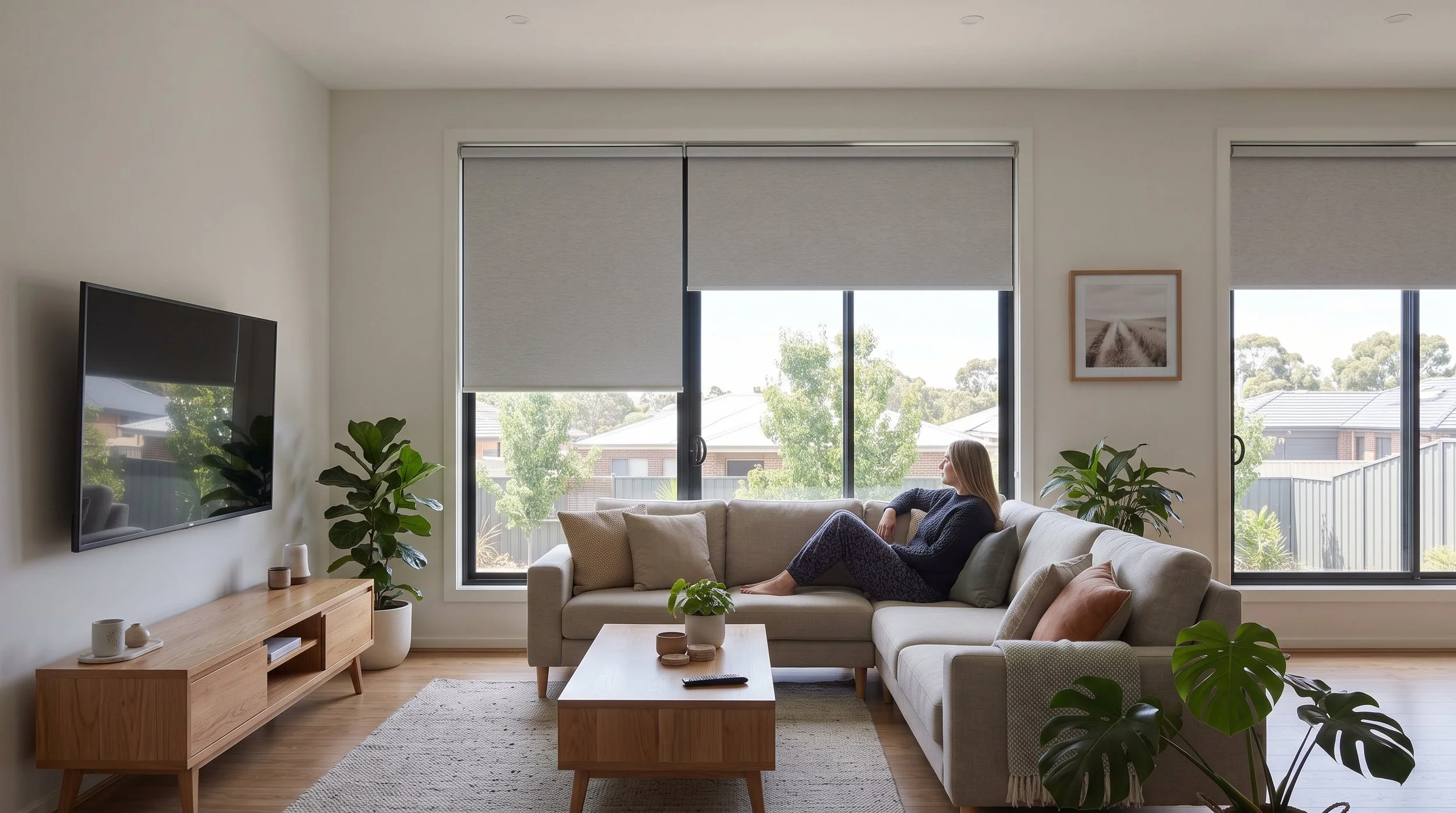 Blockout roller blinds part-lowered beside a wall-mounted TV in a living room