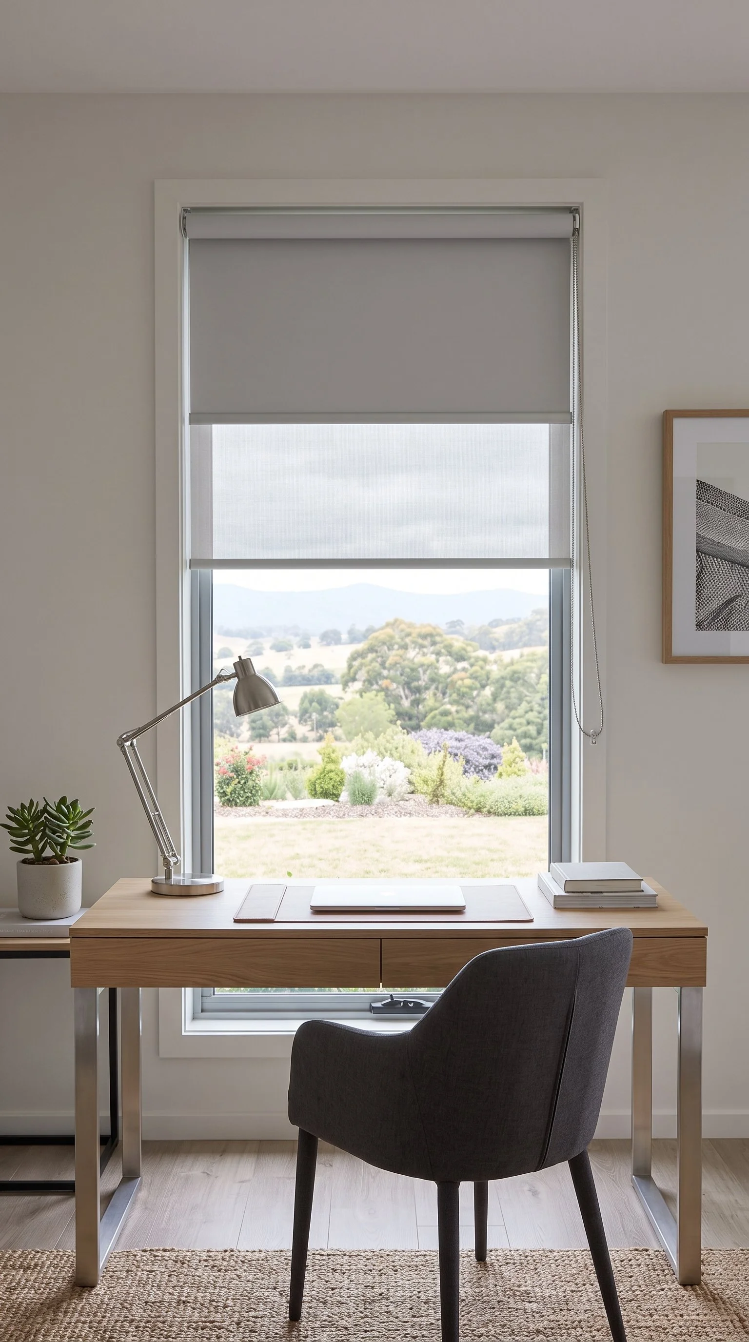 Double roller blind on a home office window above a desk