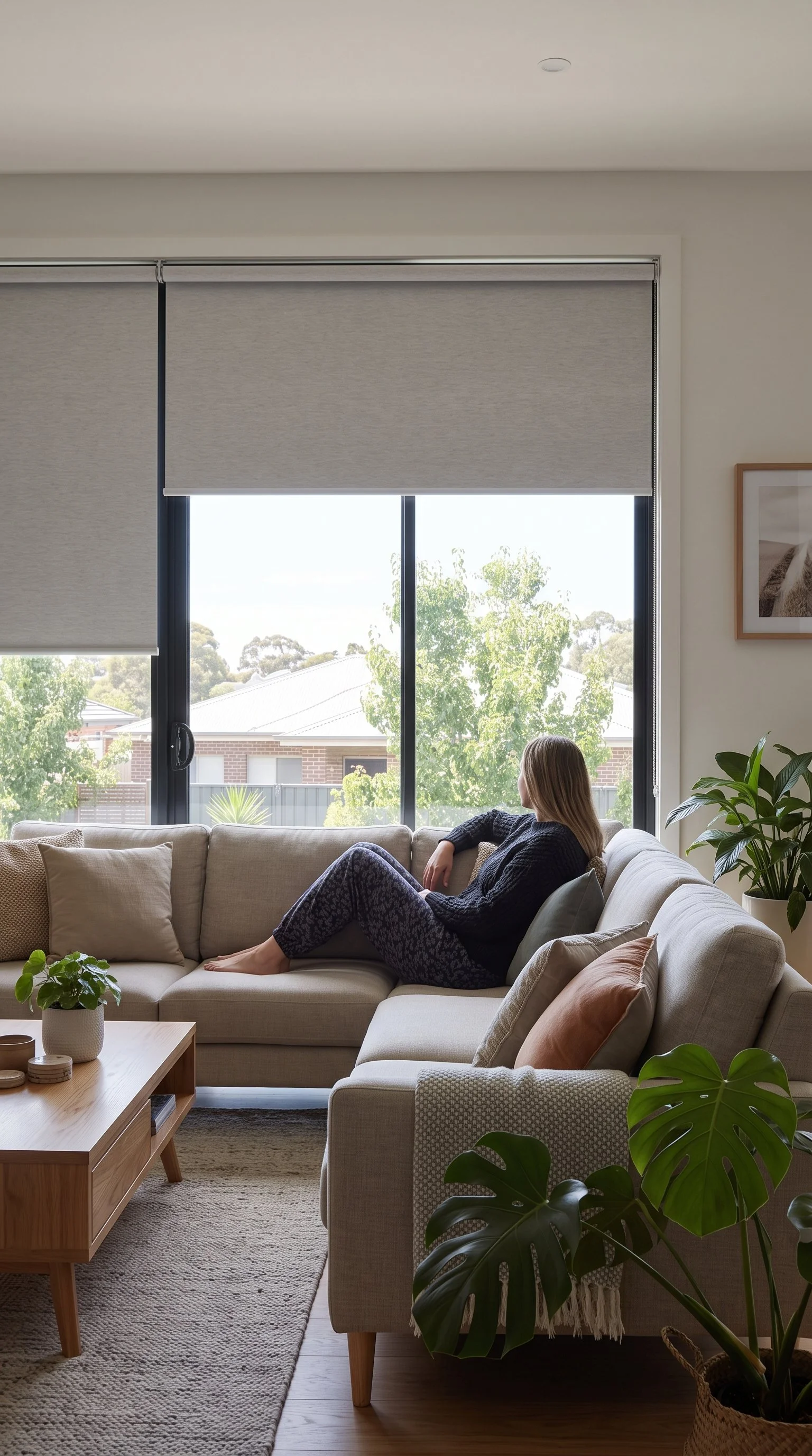 Blockout roller blinds part-lowered on a living room window