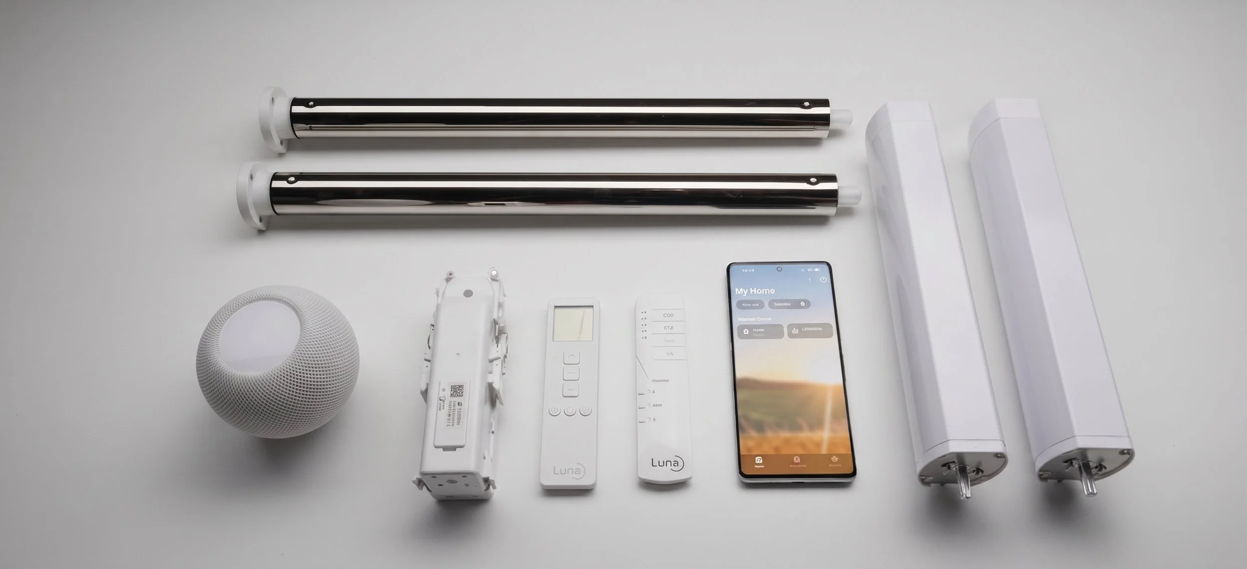 Motorised blind components laid out: motors, remotes, a hub and a phone app