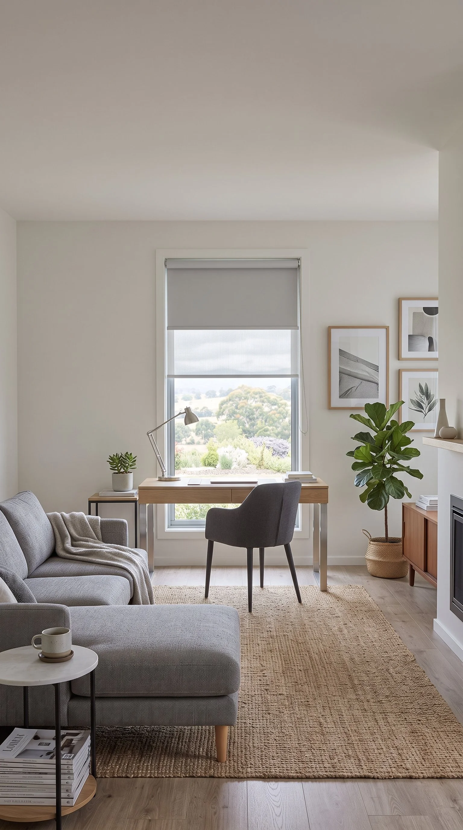 Double roller blind on a window in an open living and study area