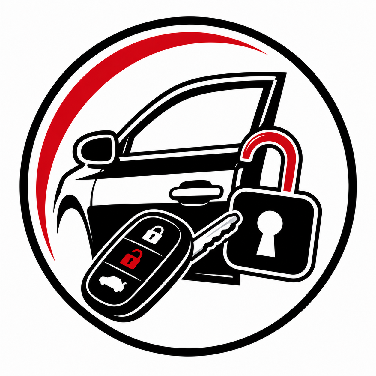 Graphic of a car with a red and black lock symbol, a key, and a car key fob with lock, unlock, and trunk buttons, indicating vehicle security.