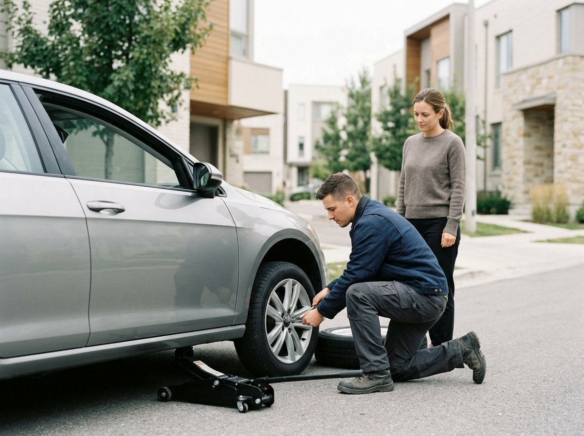 A man changing a flat tire on a silver car with a woman standing nearby on a suburban street.