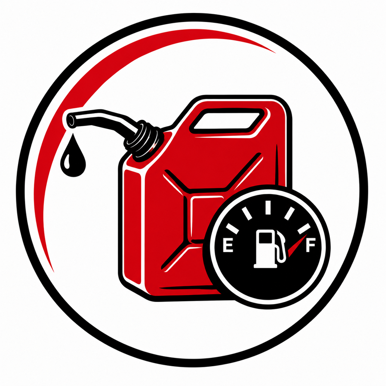 Illustration of a red gasoline can with a fuel gauge showing almost empty, and a black oil drop symbol with a red arc indicating low fuel.