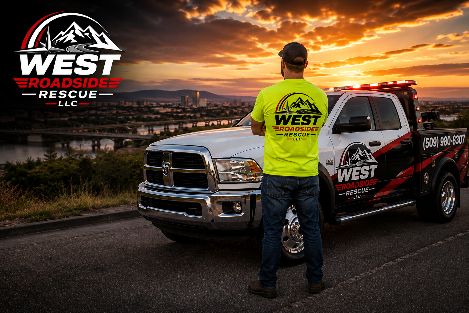 A man in a neon yellow shirt with the 'West Roadside Rescue LLC' logo standing with arms crossed facing a rescue truck during sunset over a river and city skyline.