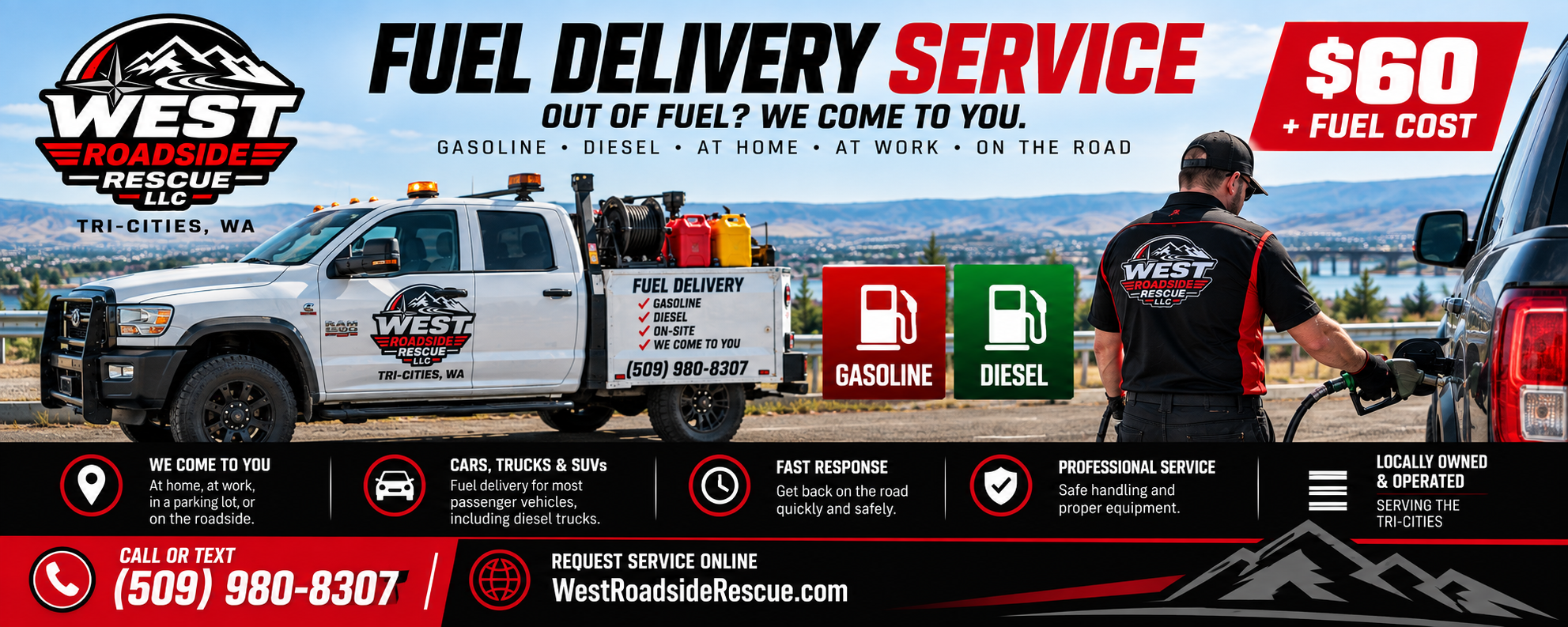 A promotional banner for West Roadside Rescue LLC featuring a white fuel delivery truck with a logo, a technician filling a vehicle, and icons indicating fuel services for gasoline and diesel. The banner emphasizes on-site fuel delivery, affordability, and quick response, with contact details and a website for service requests.