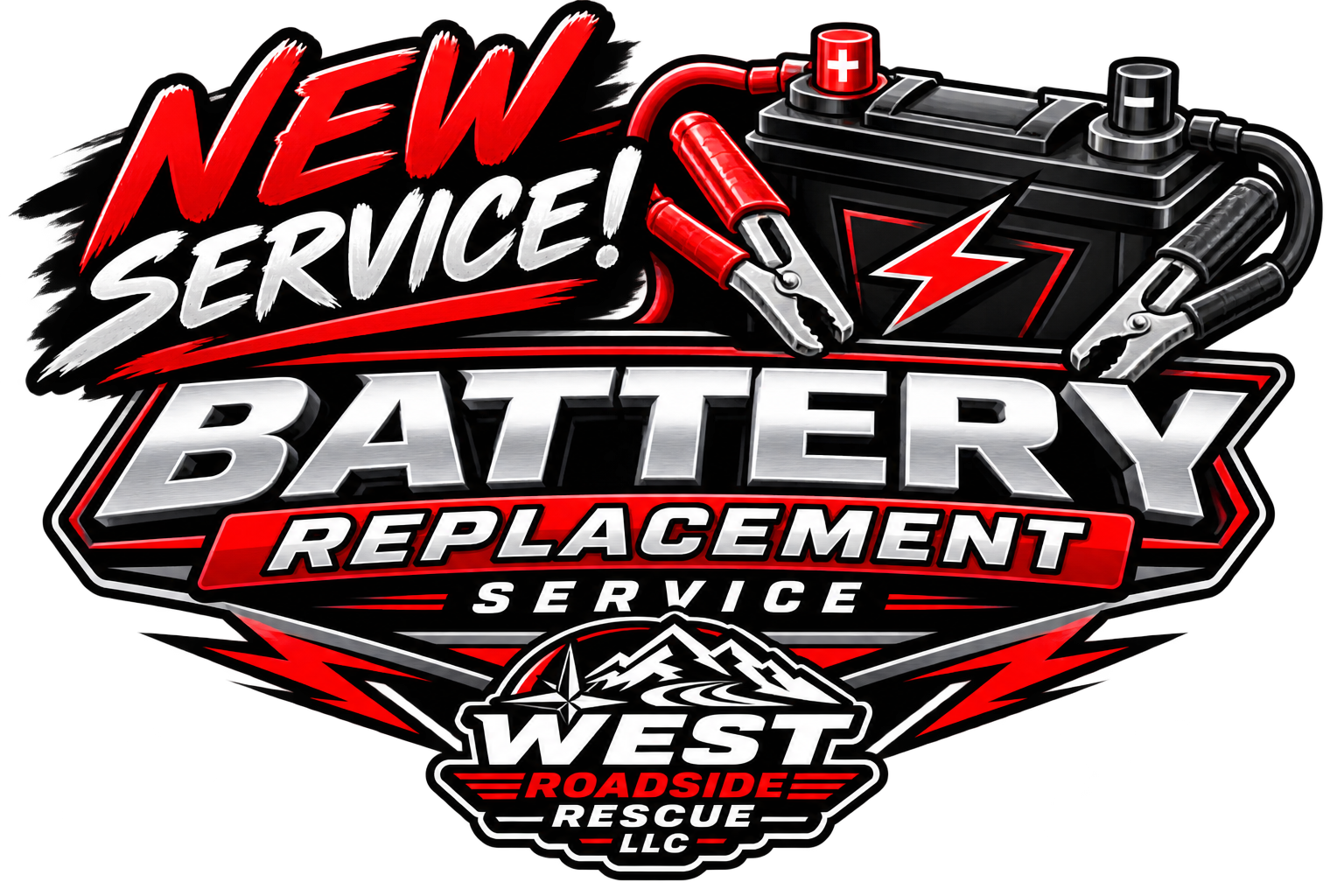 A graphic advertisement for West Roadside Rescue LLC featuring a car battery, jumper cables, and lightning bolts with the text 'New Service! Battery Replacement Service' in bold red, white, and black colors.