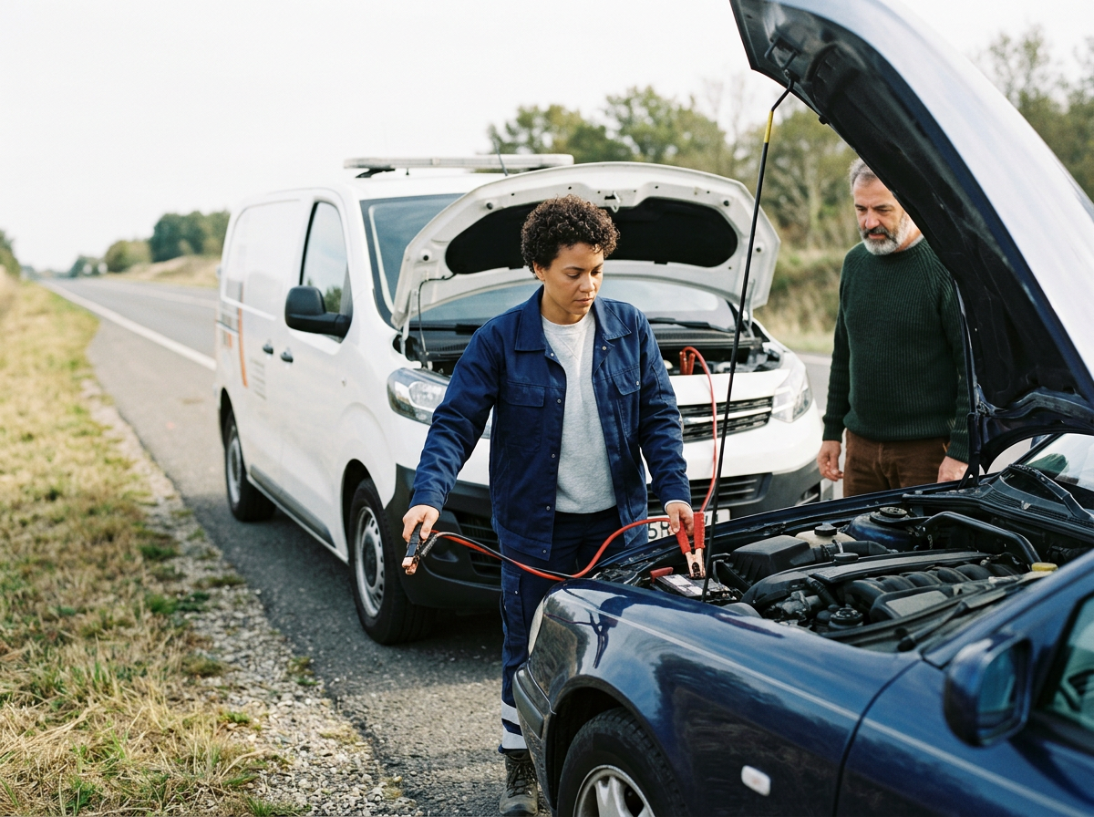 Two people standing on the side of a rural road with broken-down cars. The woman is using jumper cables on the black car's engine while the man watches. The white van is parked nearby.