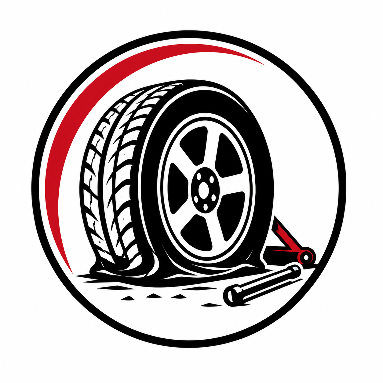 Black and white illustration of a car tire with a red arrow and a small tool, inside a circular border with a red curved line.
