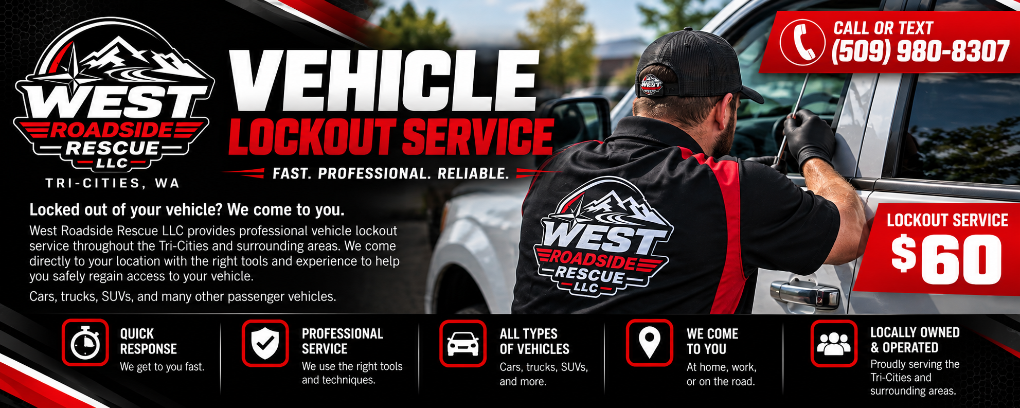 Advertisement for West Roadside Rescue LLC, offering vehicle lockout services in Tri-Cities, WA. The ad features a man in a uniform working on a vehicle lockout, with a phone number for calls or texts, and a service price of $60.