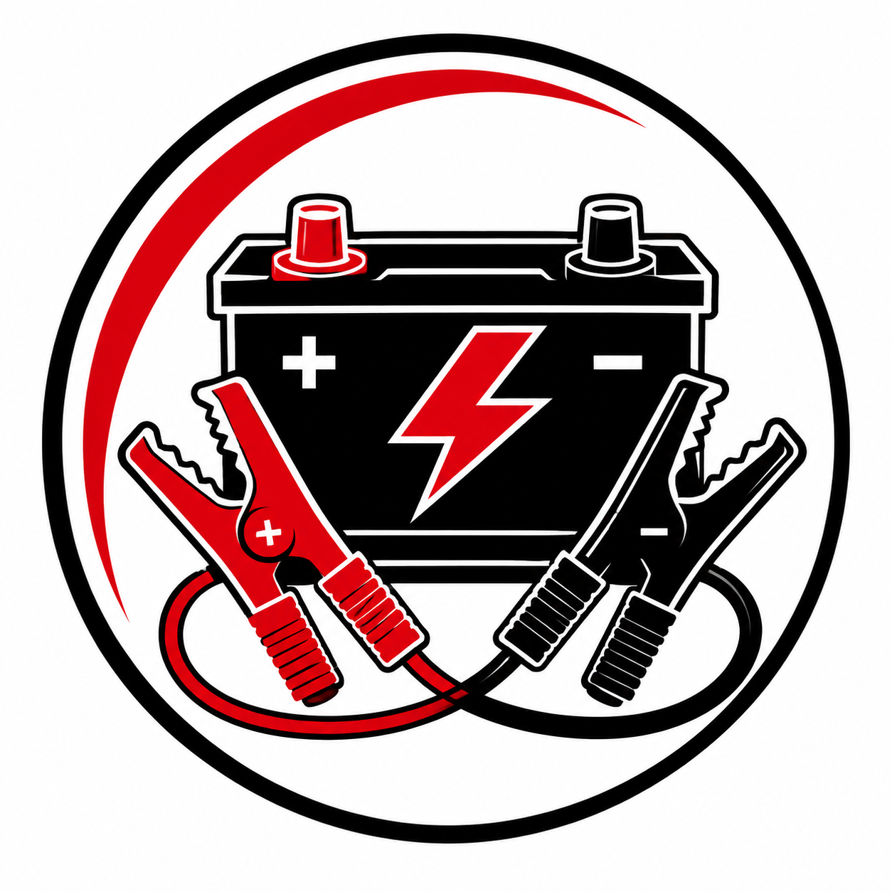 A graphic of a car battery with red and black cables connected to it, a lightning bolt symbol in the center, and a semi-circular gauge above indicating low charge.