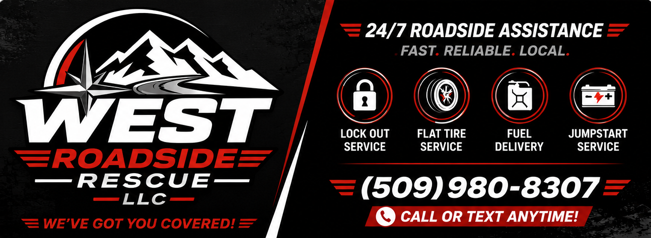 A roadside assistance company's advertisement featuring a mountain logo, service offerings like lockout, flat tire, fuel delivery, jumpstart, and contact information including a phone number and call-to-action to call or text anytime.