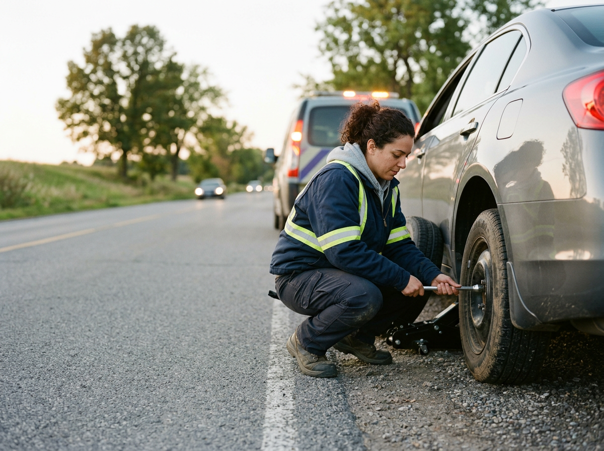 A woman in a reflective vest changing a flat tire on the side of a rural road.