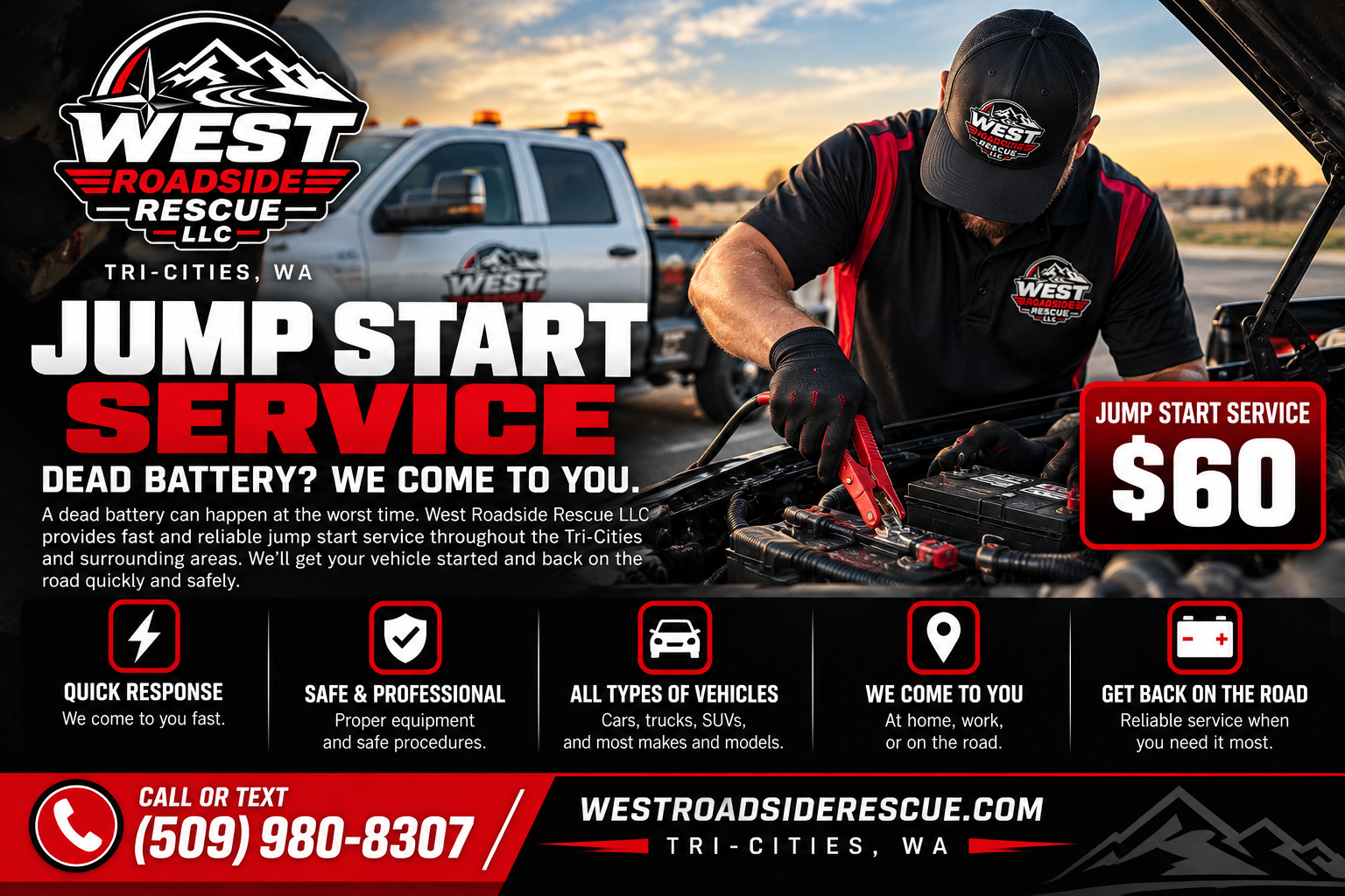 A worker from West Roadside Rescue LLC performs jump start service on a vehicle's engine in an outdoor setting during sunset. The worker wears a black cap and uniform with the company's logo, and the background features a white rescue truck with the same logo. The image promotes jump start service for $60, highlighting quick response, safety, professionalism, and mobile service options.