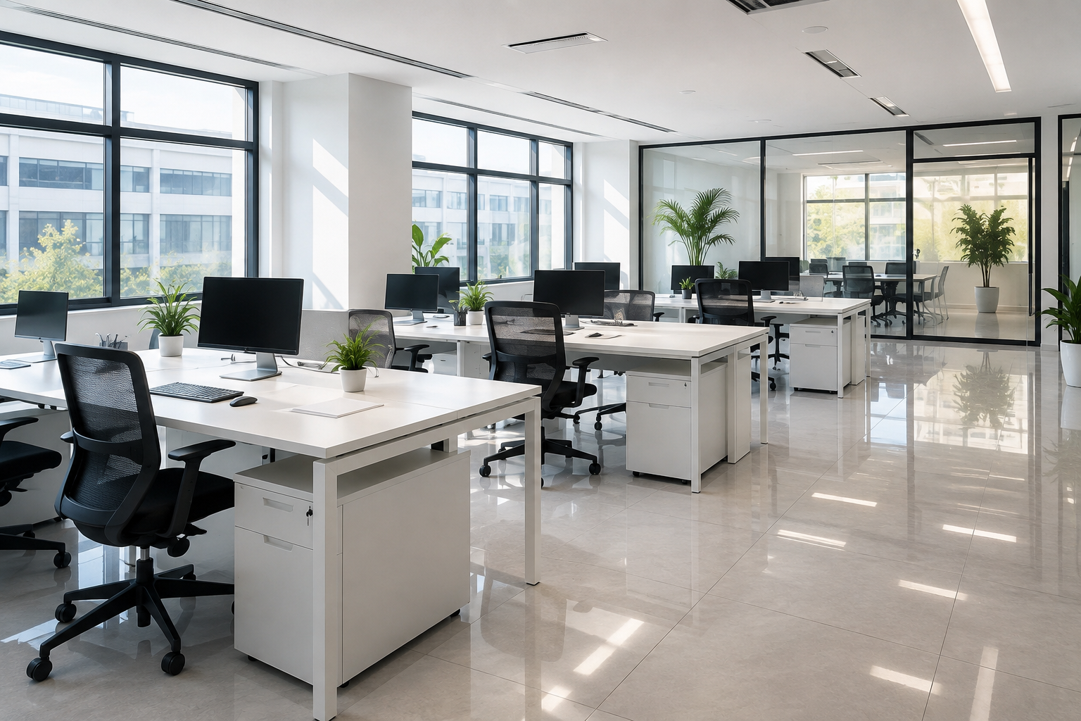 Oficina moderna con escritorios blancos, sillas negras y computadoras, iluminada por grandes ventanas con plantas verdes y paredes de vidrio.