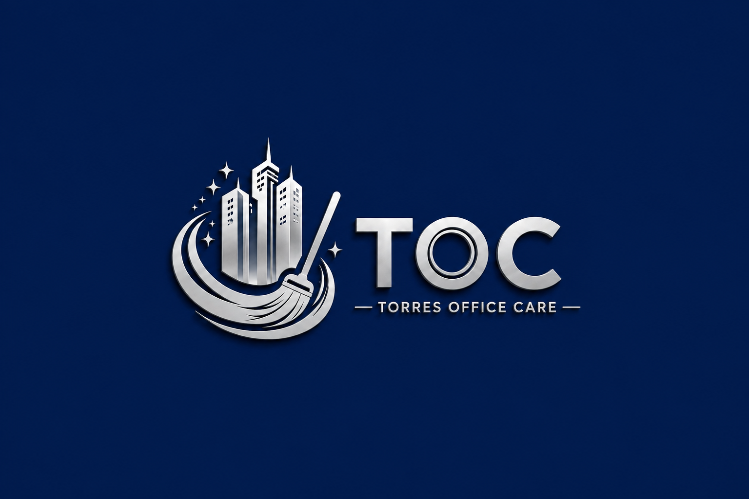 Logotipo de Torre Offices Care (TOC) con edificios y una escoba sobre un fondo azul.