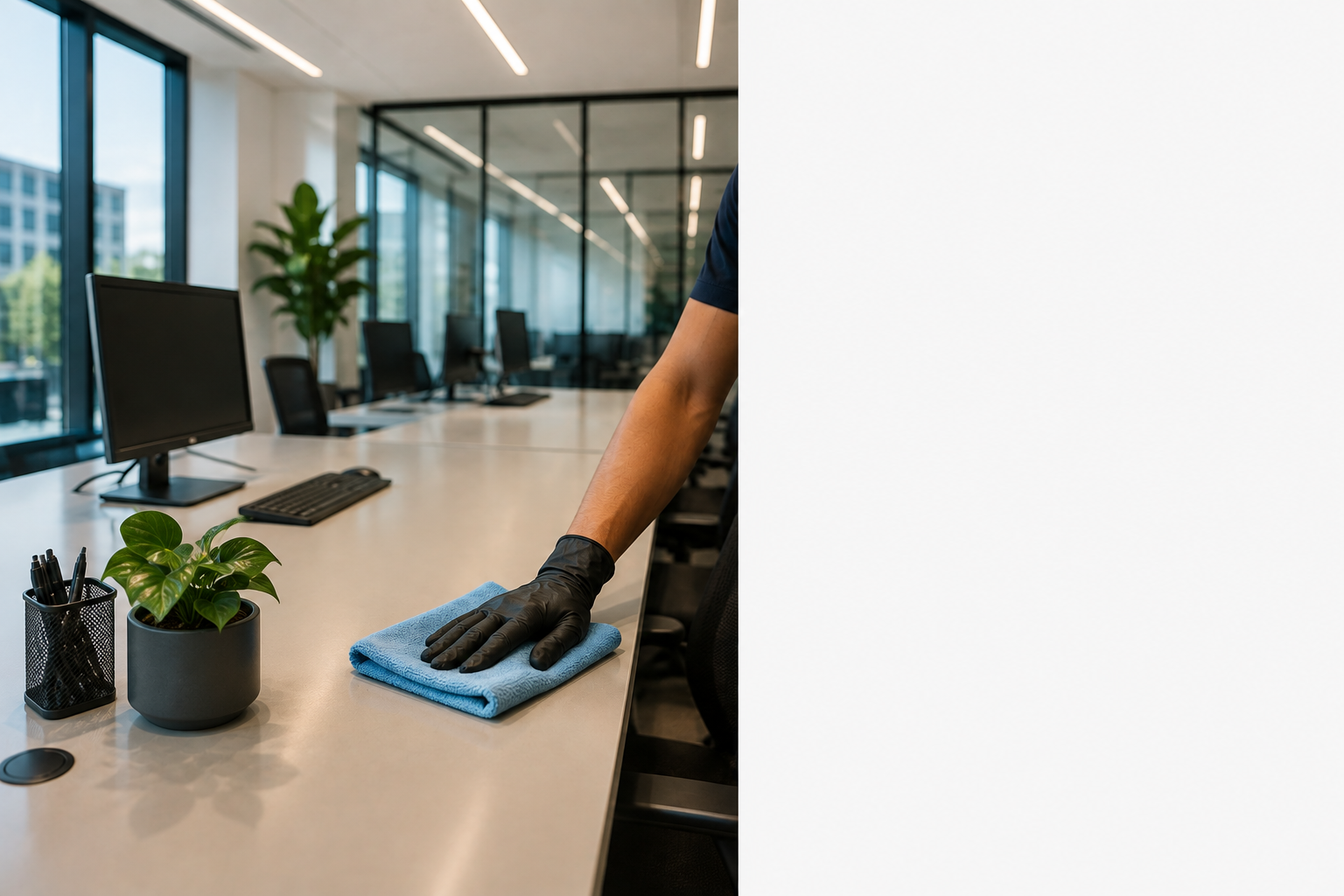 Persona limpiando una mesa de oficina con guantes, una toalla azul, y un florero con planta verde en un lugar moderno con escritorios y pantallas.