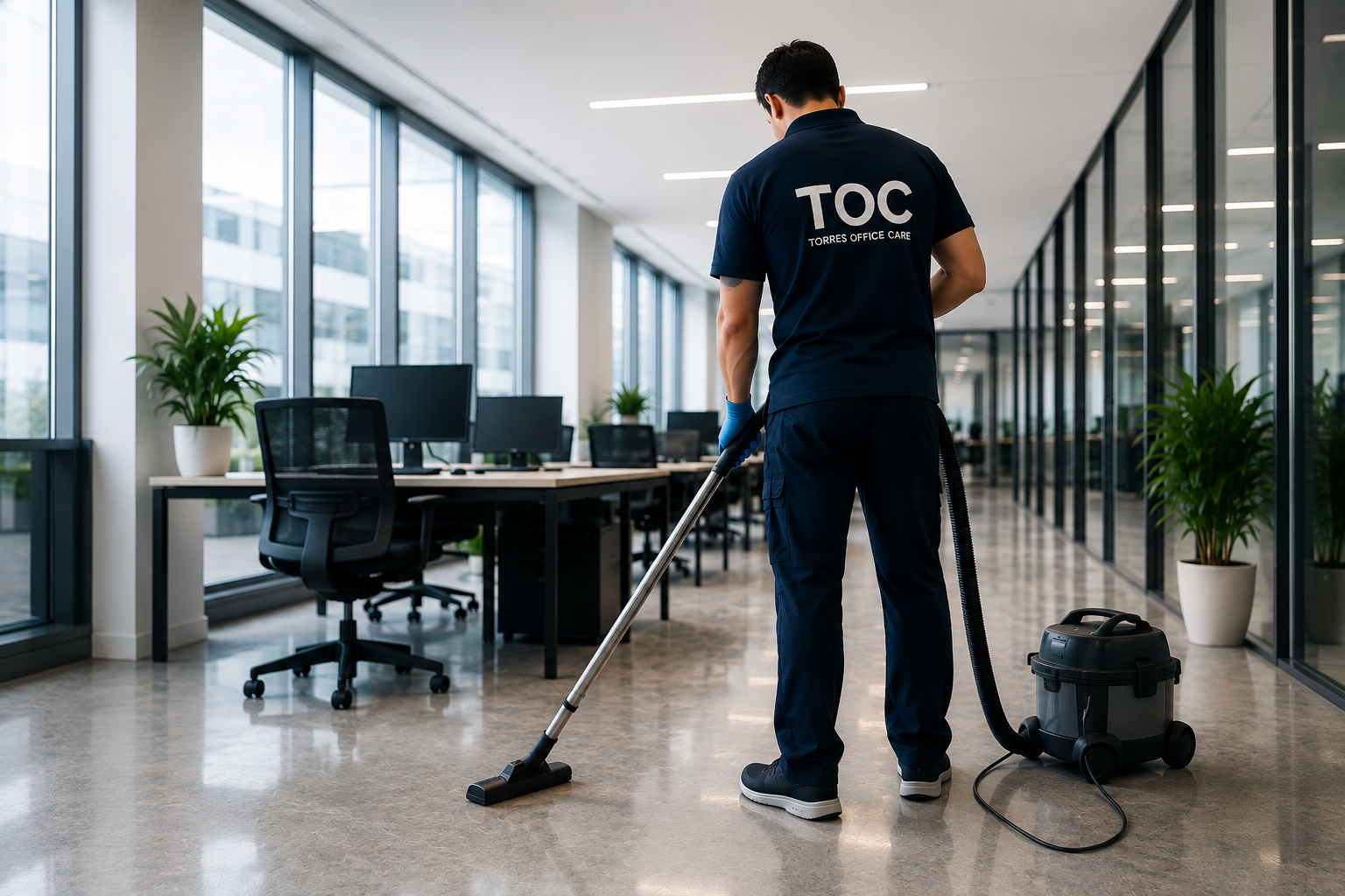 Empleado limpiando una oficina moderna con aspiradora, plantas decorativas y escritorios con computadoras