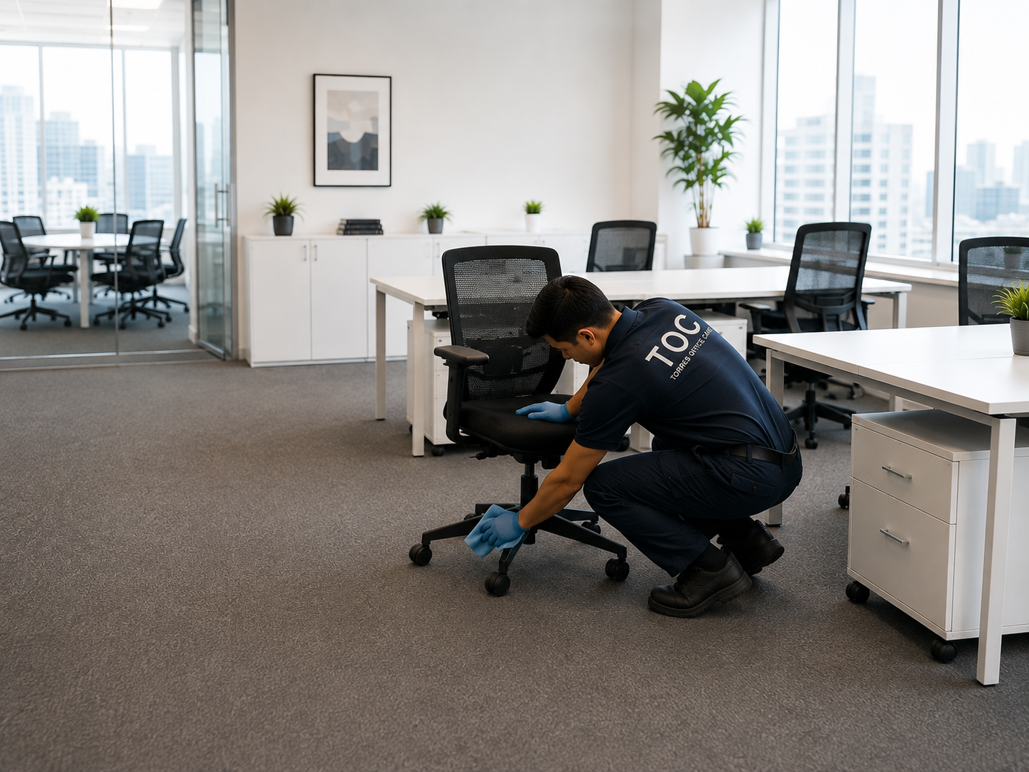 Persona limpiando una silla de oficina en una oficina moderna con escritorios y plantas