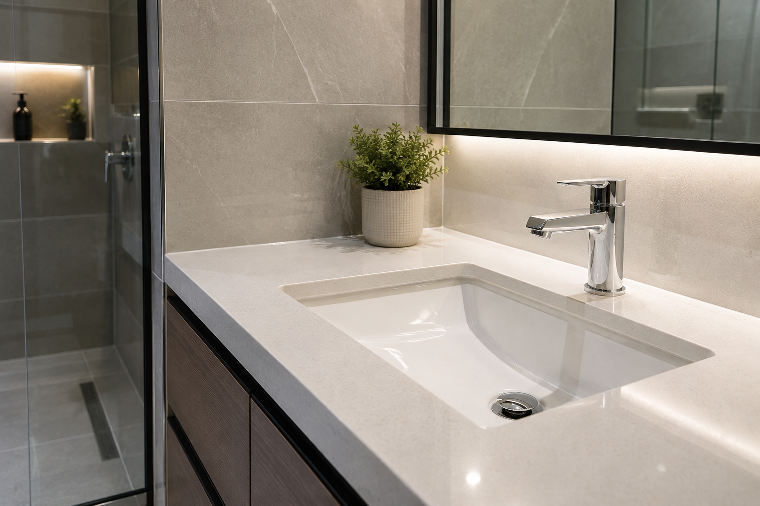 Inodoro, lavabo, grifo, espejo y planta en baño moderno con paredes de azulejo gris y encimera blanca.