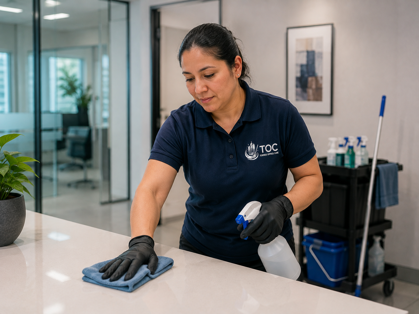 Mujer limpiando una mesa con trapo y spray en una oficina.