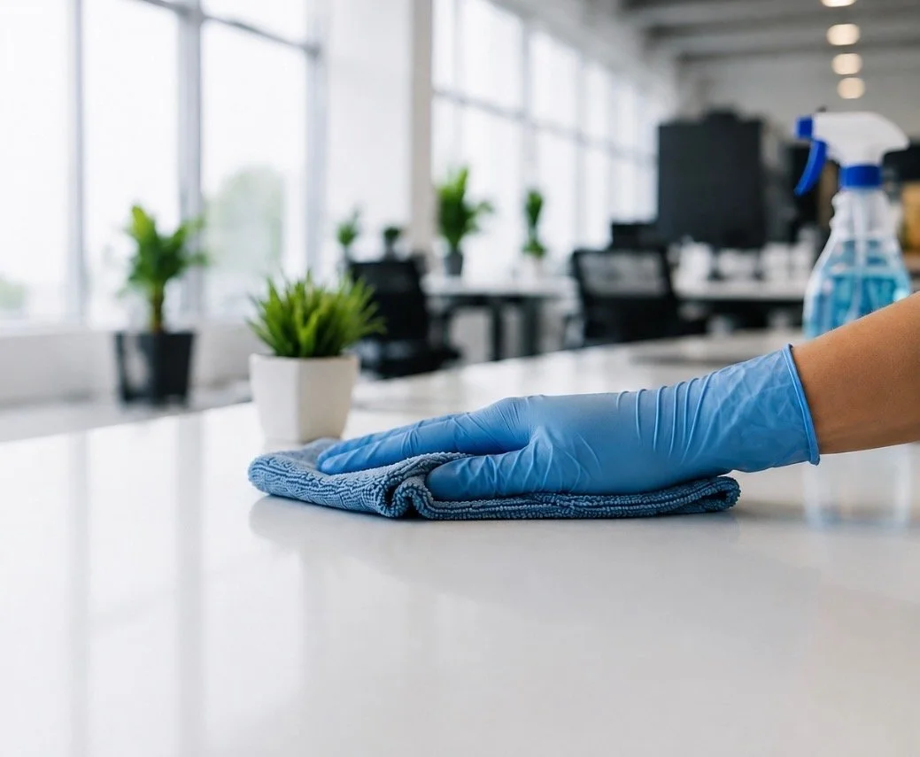 Persona limpiando una mesa con un trapo y guantes de látex en una oficina moderna con plantas y ventanas grandes.