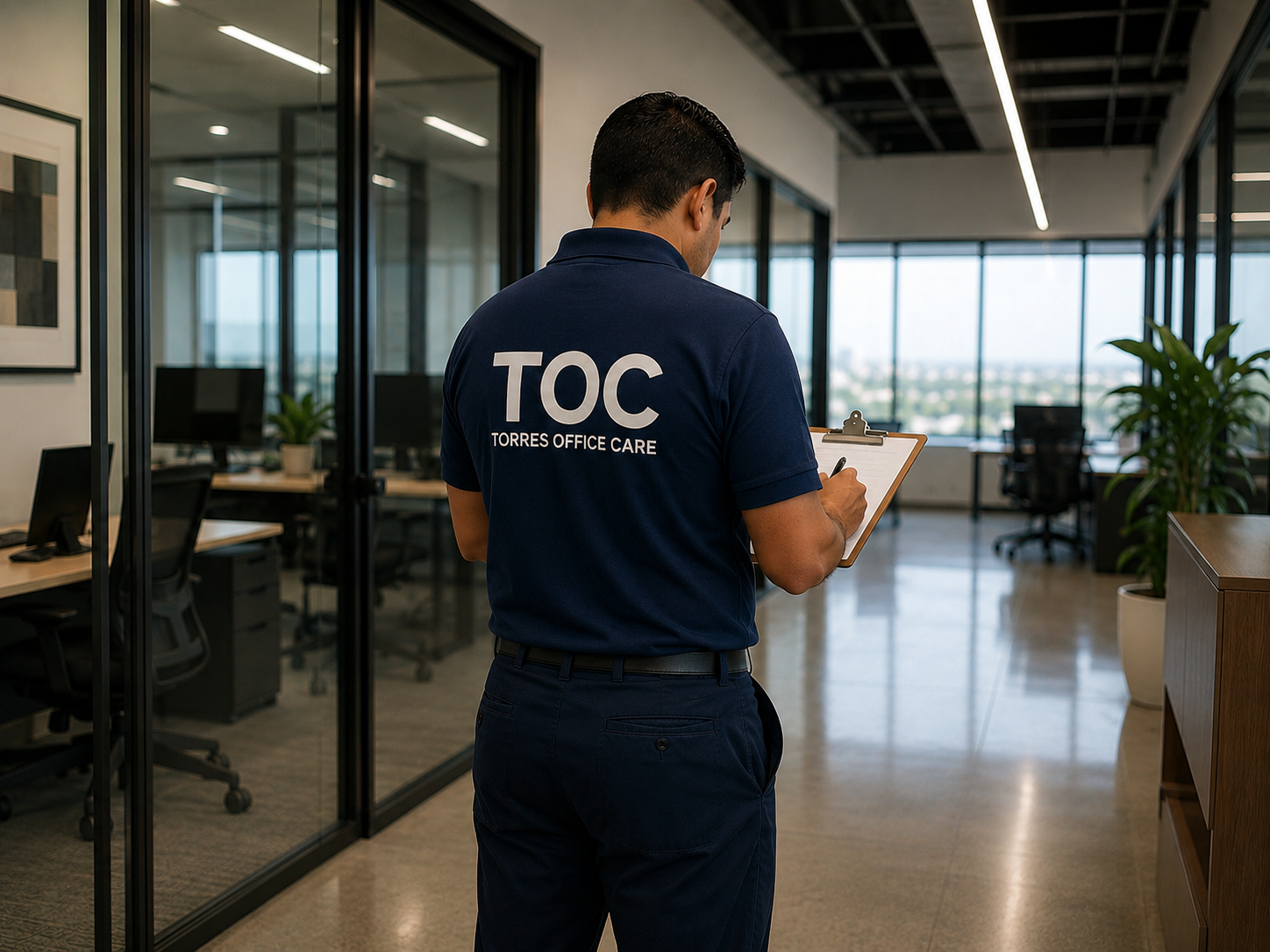 Empleado con uniforme de Torres Office Care tomando notas en una oficina moderna con escritorios y computadoras cercanos a una ventana grande