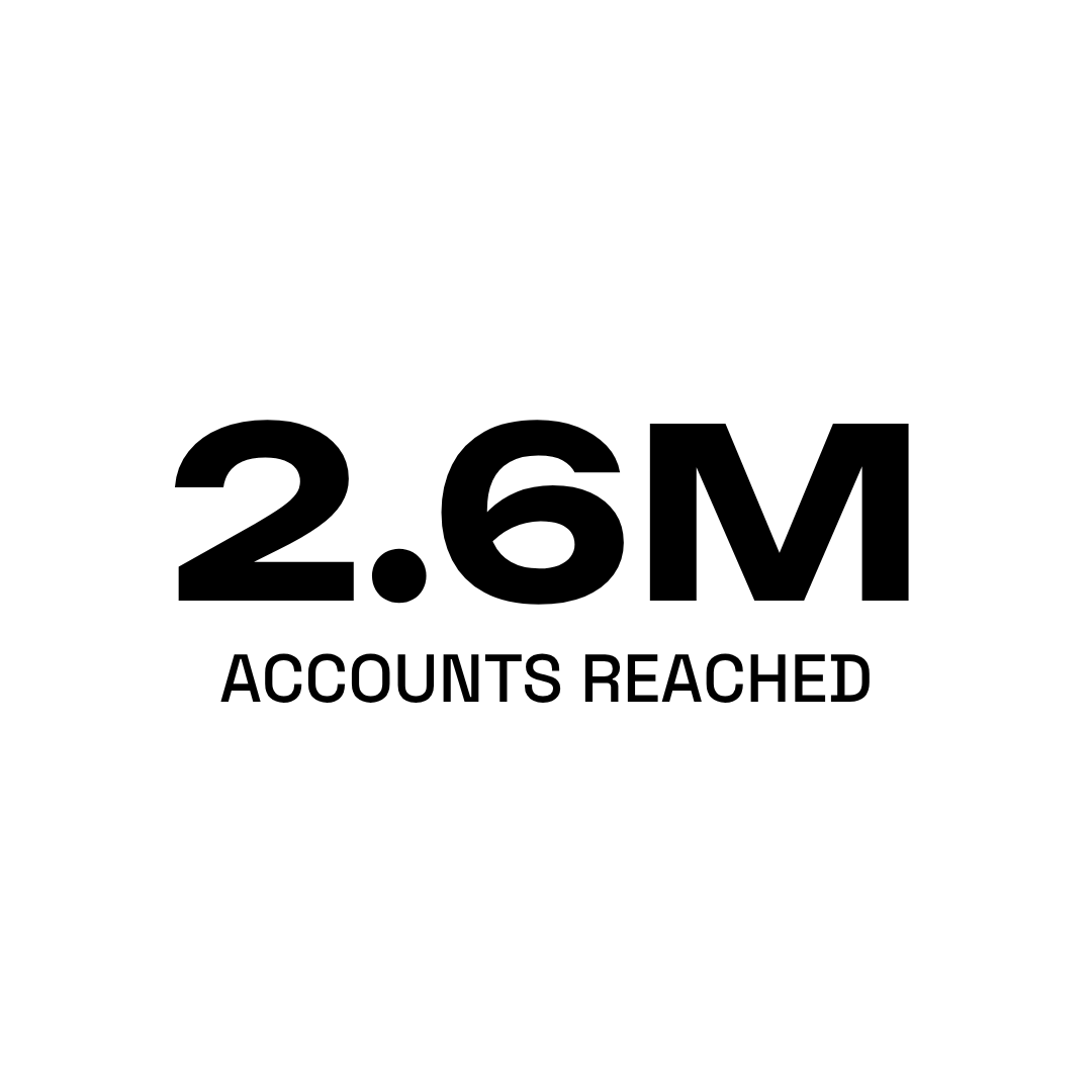 Black and white circular graphic with text displaying '2.6M' and 'Accounts Reached'.