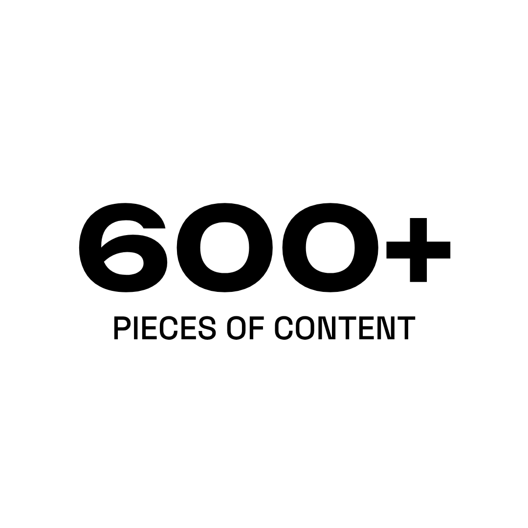 A circular icon with the text '600+ PIECES OF CONTENT' inside.