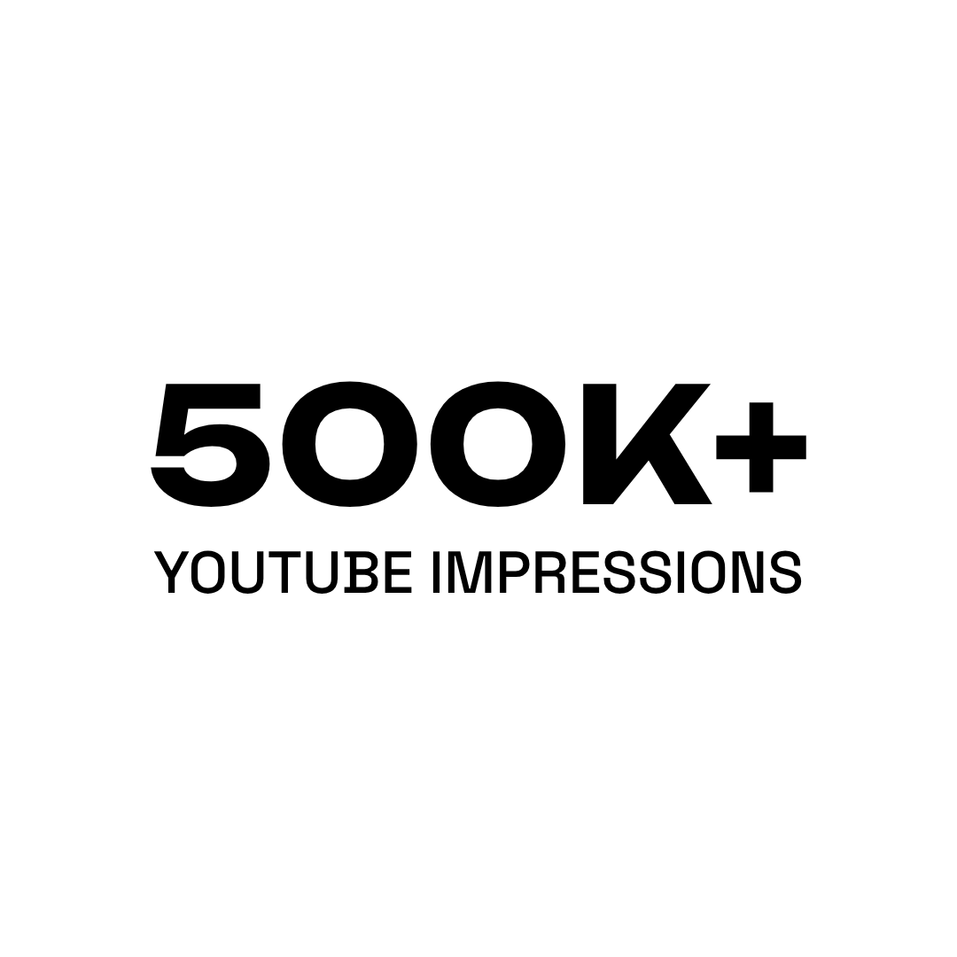 Black circle with white center displaying '500K+ YouTube impressions' in bold black text.