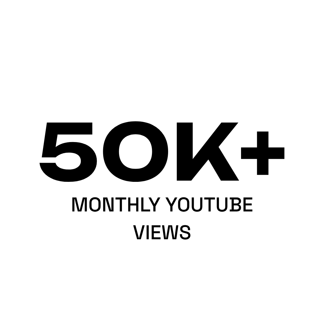 Circular badge indicating 50,000+ monthly YouTube views.