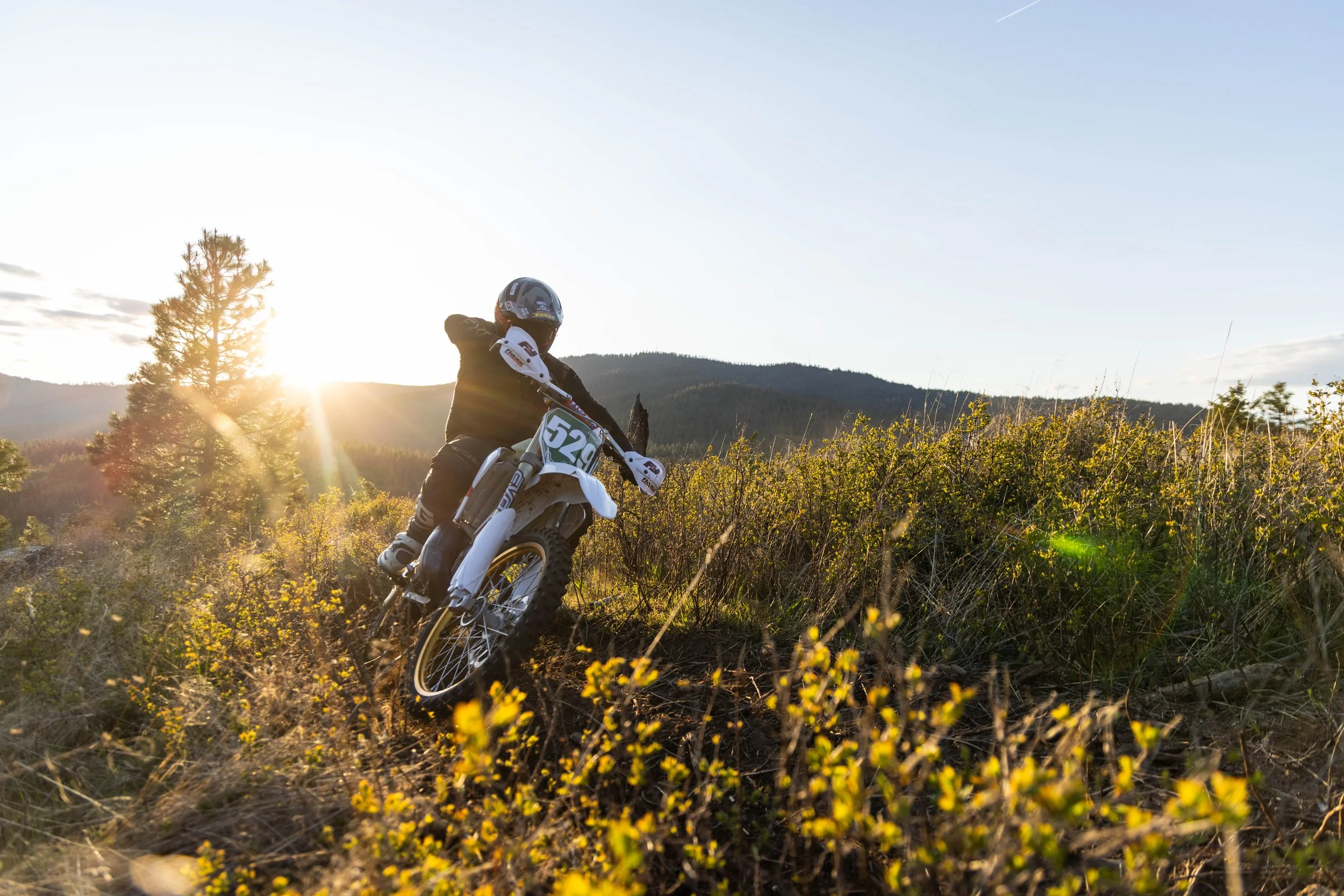 A person riding a dirt bike through a grassy, bushy landscape with trees and mountains in the background during sunset.