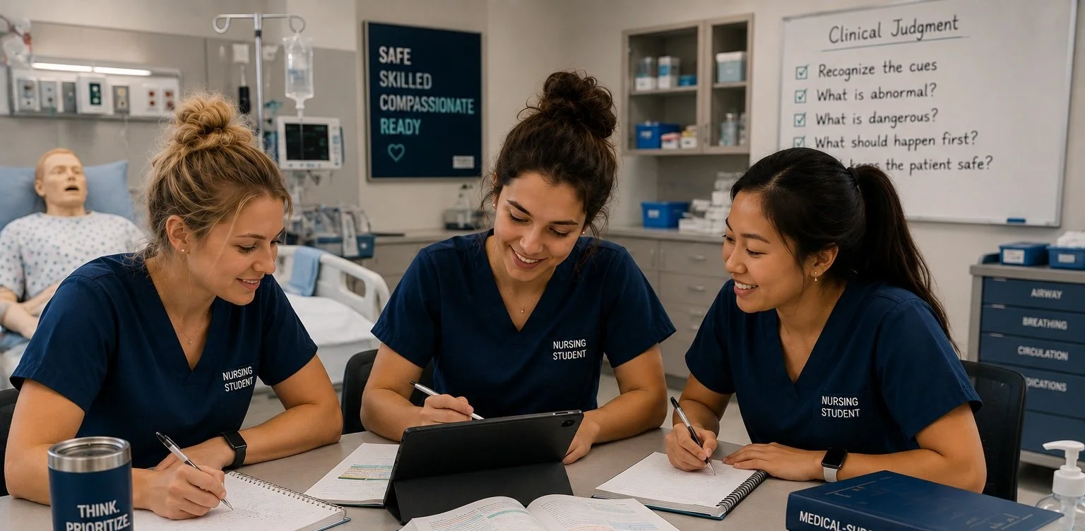 Nursing students reviewing patient information and practicing clinical judgment in a nursing skills lab.