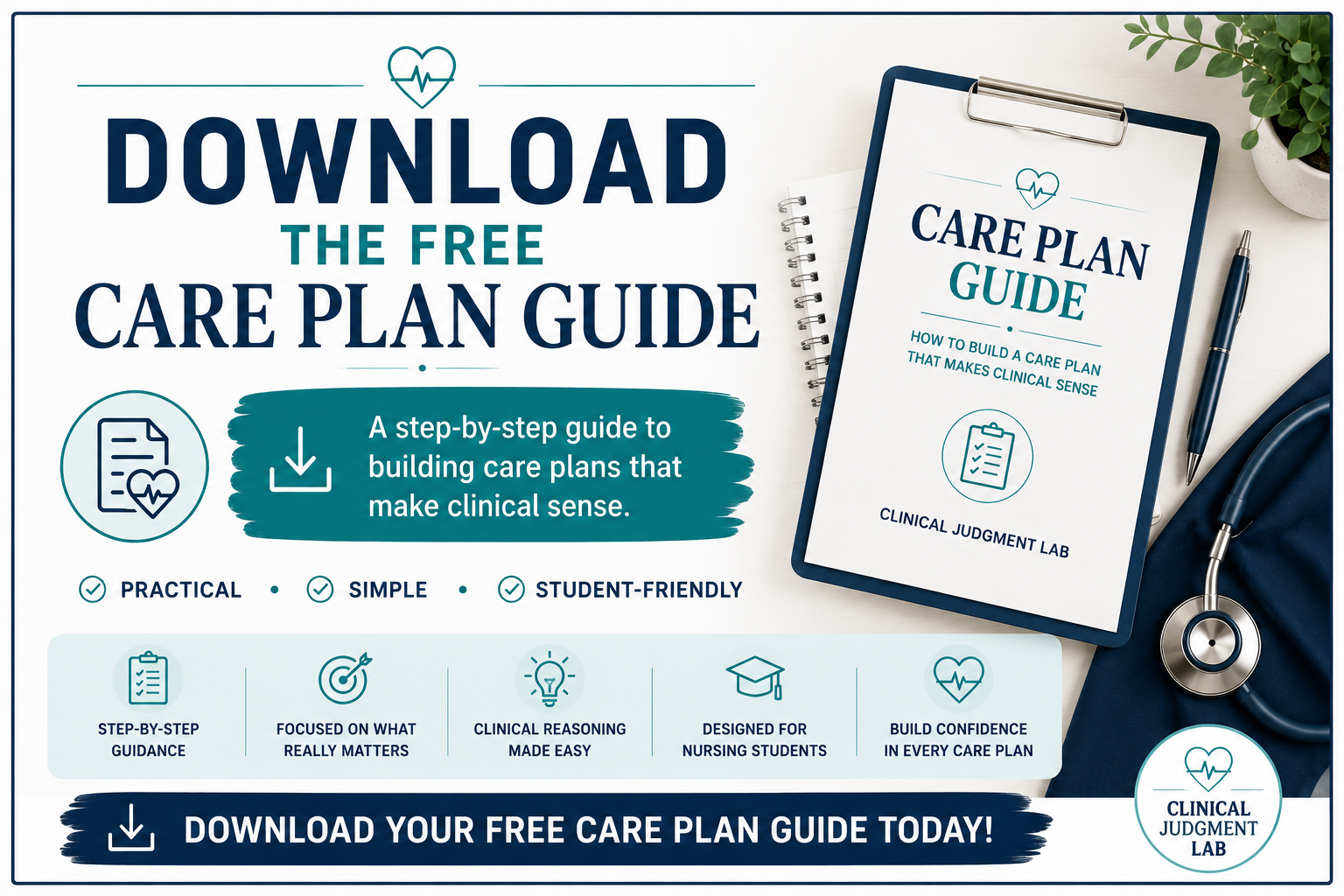 Advertisement for a free care plan guide with information about building clinical care plans, featuring a booklet titled "Care Plan Guide" on a clipboard, surrounded by medical supplies and a potted plant.
