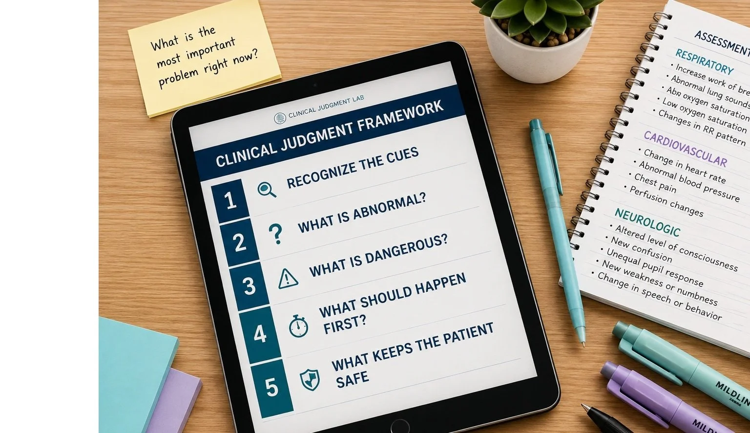 Tablet displaying a clinical judgment framework for nursing students with steps for recognizing cues, identifying priority findings, and determining what should happen first.
