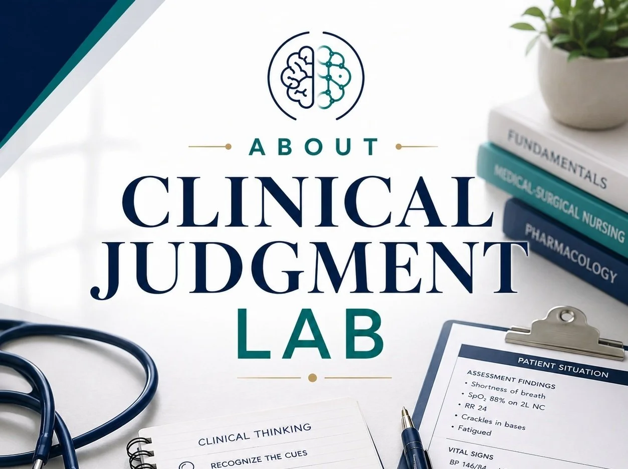 A promotional image for a clinical judgment lab, featuring medical books, a stethoscope, a clipboard with patient assessment notes, a pen, and a potted plant on a white surface.