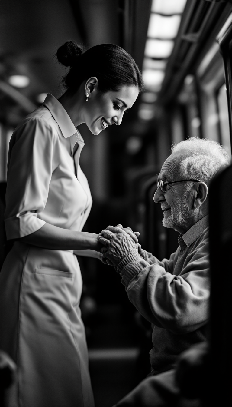 A young woman smiling and holding hands with an elderly man on a bus, both appearing happy and engaged.