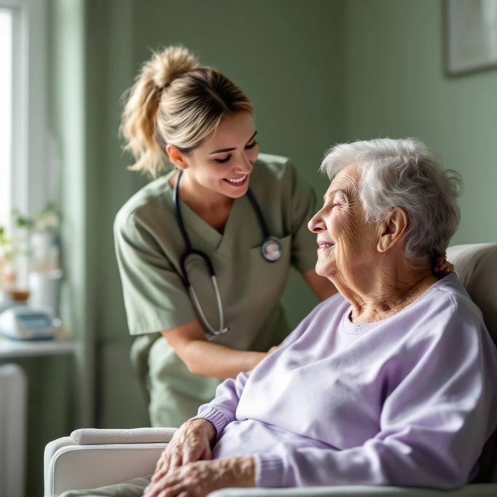 Nurse smiling at an elderly woman in a hospital bed.