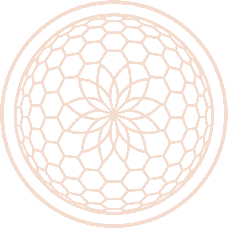 Geometric pattern with a floral design at the center, surrounded by a honeycomb pattern, in beige on a black background.