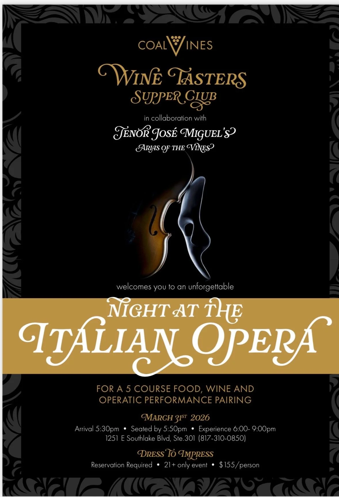 Event poster for an Italian opera night titled 'Night at the Italian Opera,' organized by Tenor Jose Miguel's Arias of the Vines in Southlake, TX.