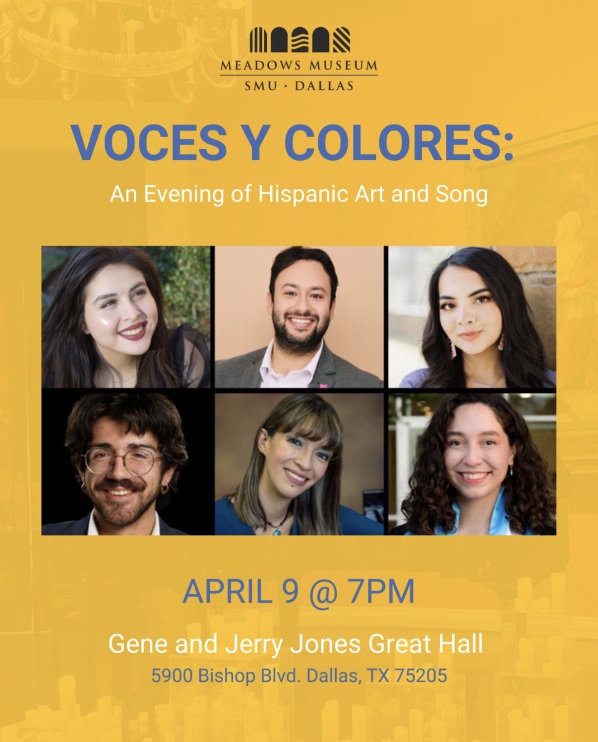 Flyer for an event called 'Voces y Colores' showing six portraits of diverse people, scheduled for April 9 at 7 PM at the Meadows Museum, SMU in Dallas. Jose Miguel is featured as a main performer. 