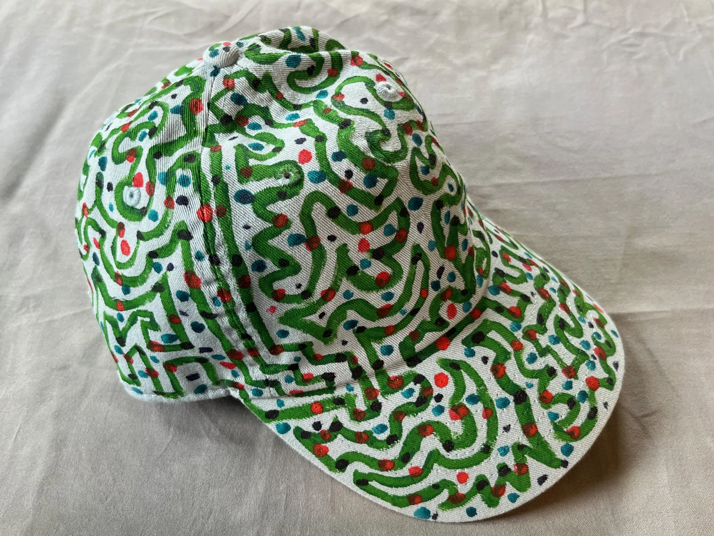 Hand-Painted Green/White Swirly Cap