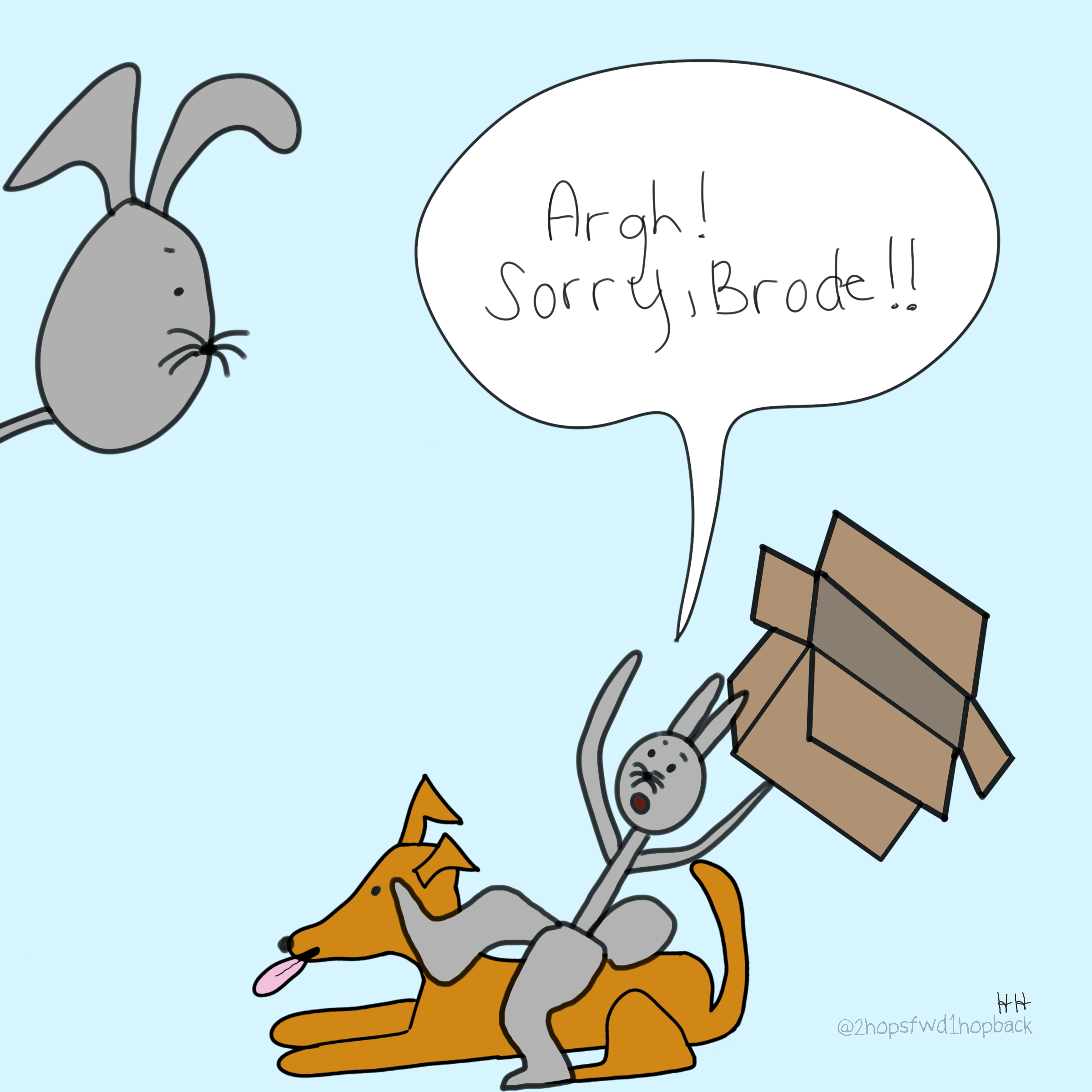 A032 - 2 hops forward 1 hop back - webcomic - child bunny trips backwards over family dog, apologizes in mid air