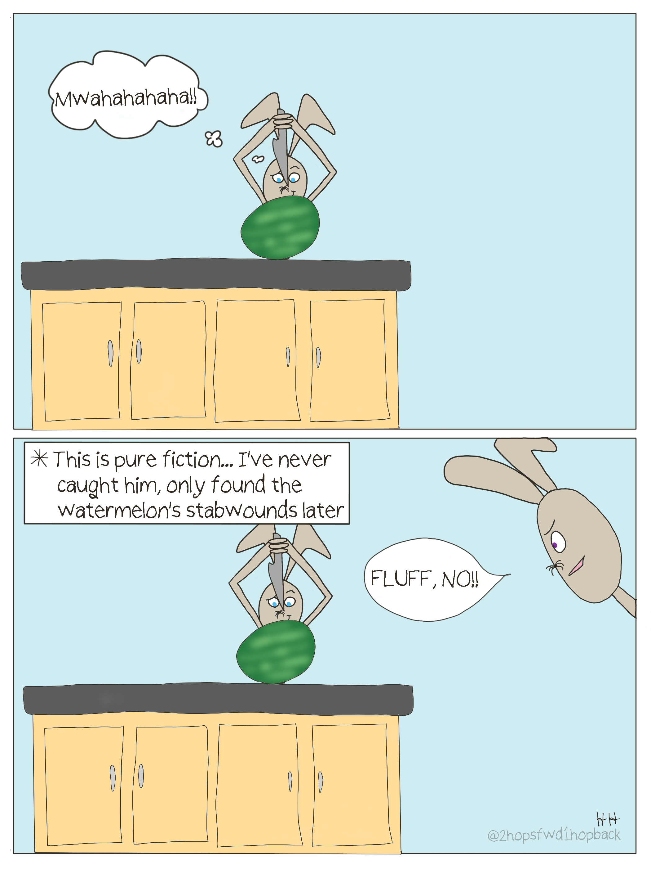 2026-001 - 2 hops forward 1 hop back - webcomic - tween bunny threatens to stab watermelon with knife, mom bunny swoops in to stop him