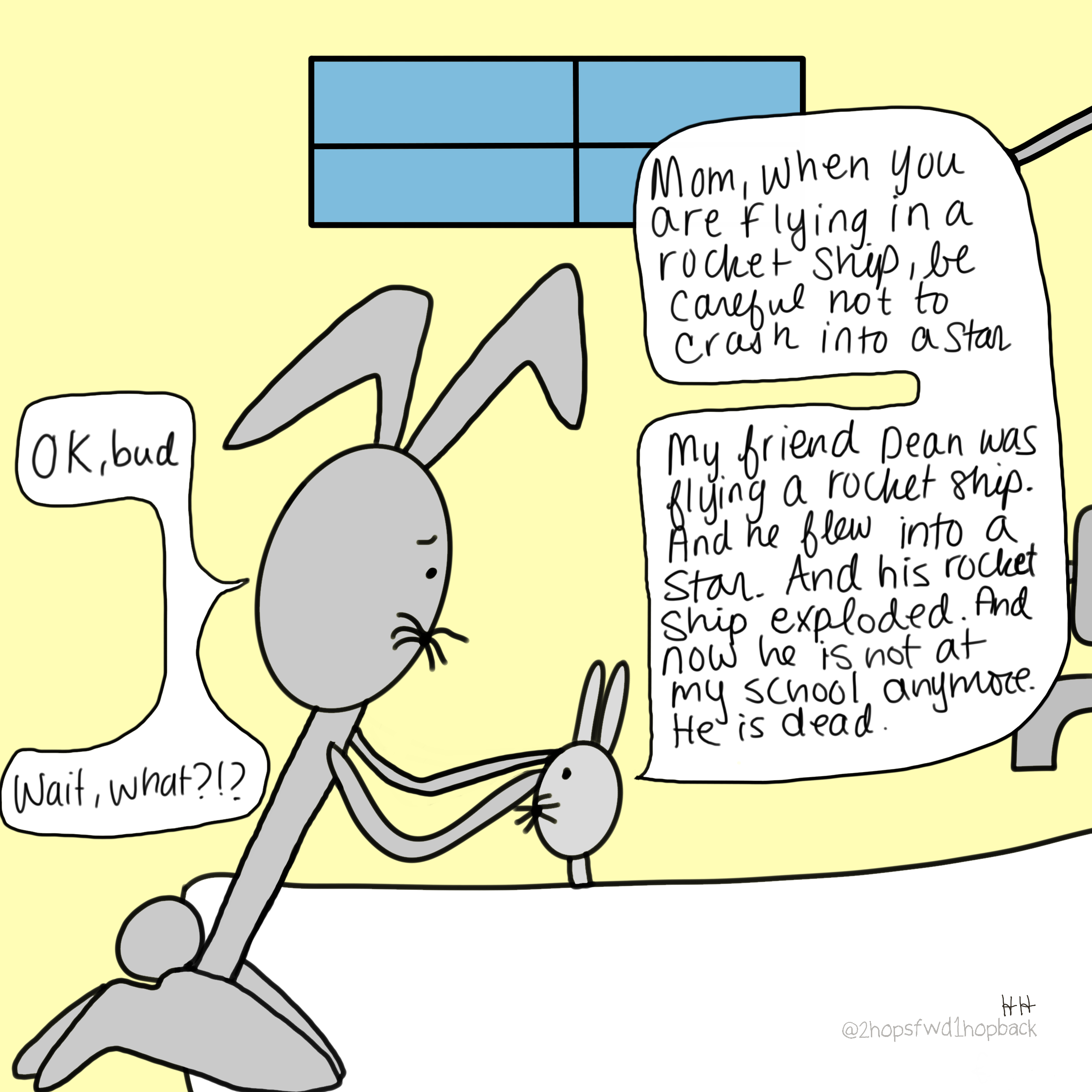 A064 - 2 hops forward 1 hop back - webcomic - child makes up crazy story about classmate in a rocket ship flying into a star and dying